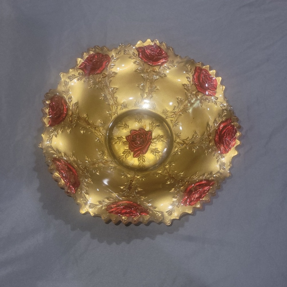 Antique Goofus glass bowl with gold and red flowers Roses